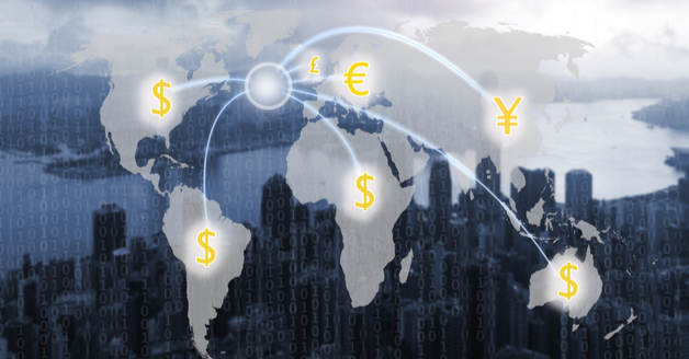 Different currencies on different continents of a map emerging from one location.